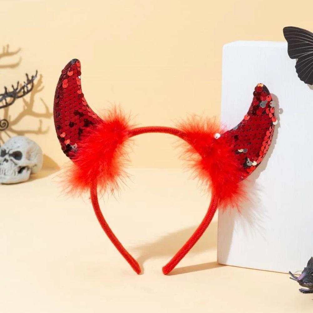 👿 Awesome Metallic Sequin Demon Devil Horn Fuzzy Boa Headdress Headband 👿